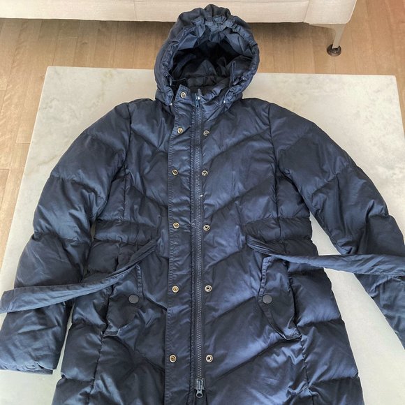 J Crew long puffer down jacket / winter coat / parka, navy, belt, hood, chevron - Picture 12 of 13